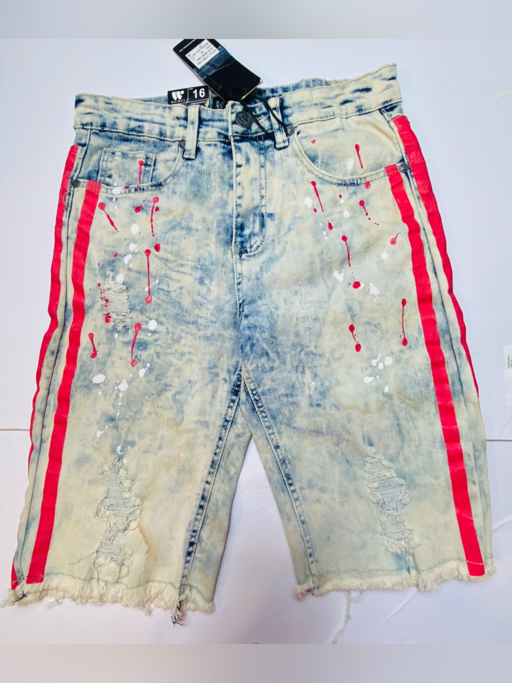 Waimea Boys 16 Skinny Fit Distressed Denim Shorts Paint Splatter Red Stripe